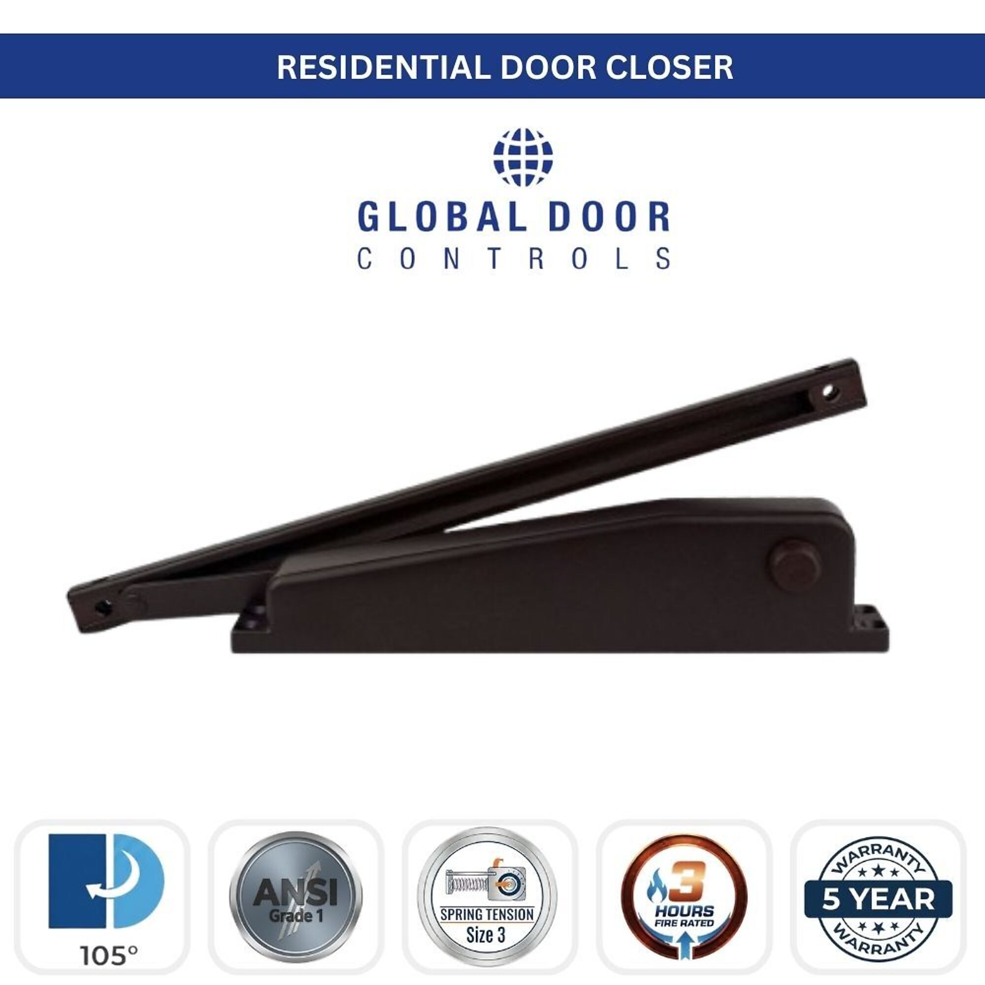 Global Door Controls Residential Hold Open Mini Door Closer — Size 3, Black, Model# 5693580